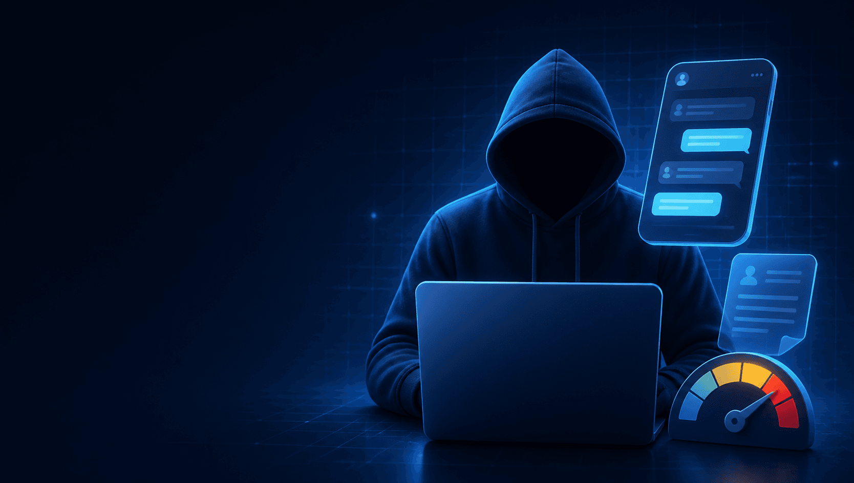 Illustratie van een cybercrimineel met laptop, chatbericht en risicometer